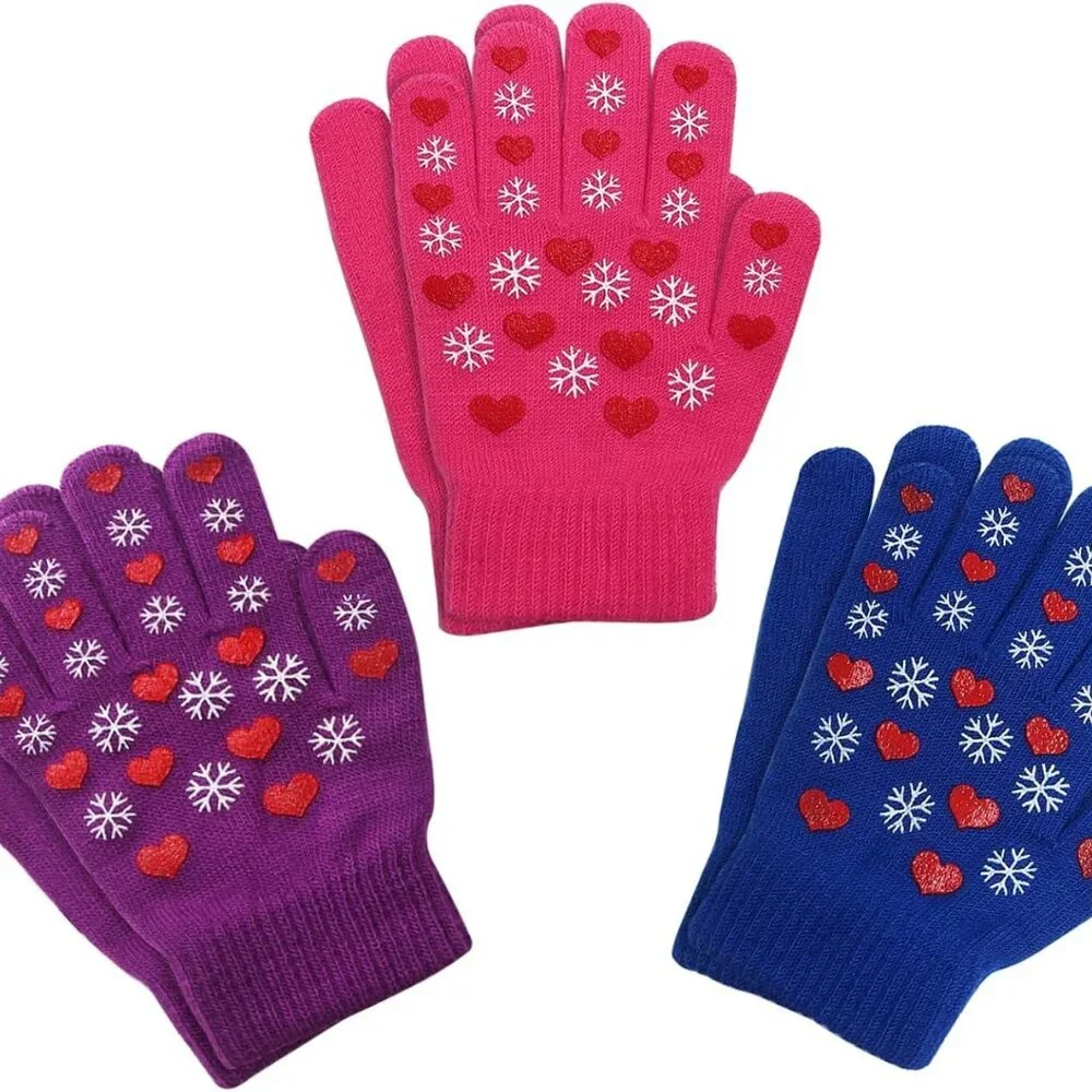Kids Winter Gloves,3 Pairs Knit Warm Stretch Gripper Children Magic Glove for Bo